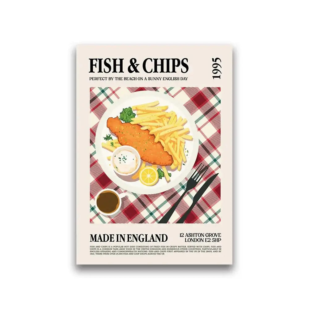 Decorbites™ tasty world cuisine canvas print featuring fried fish fillet with fries for elegant home decor