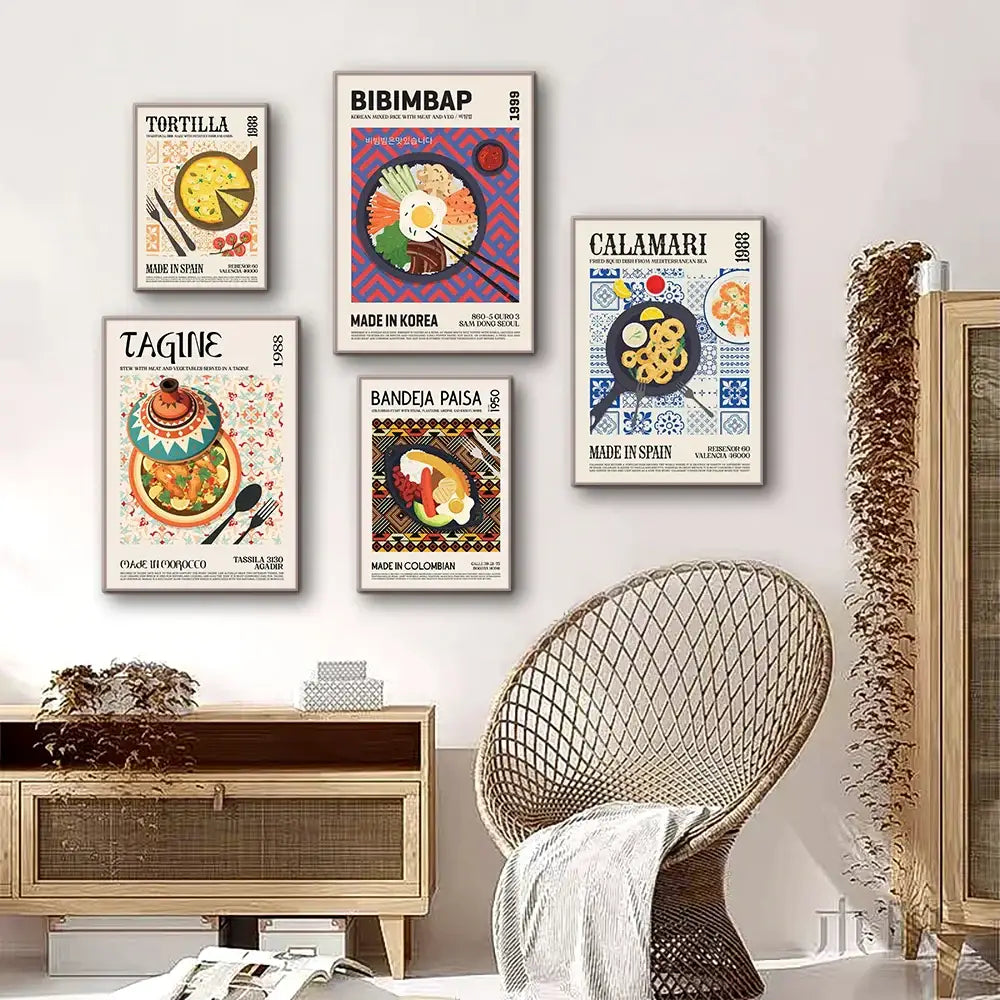 Woven wicker egg-shaped chair with gray textured throw paired with decorbites tasty world cuisine canvas wall art