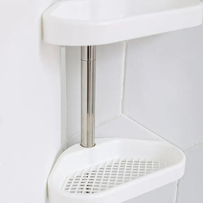White plastic corner shelf with stainless steel pole and grid base in rust-proof DecorBites™ telescopic shower rack organizer