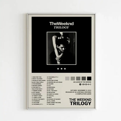 Black and white framed poster featuring the weeknd music album trilogy artwork for stylish home decor by decorbites™
