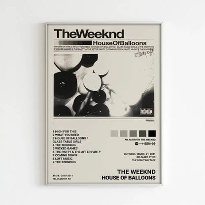 A framed black-and-white DecorBites music album poster for Weeknd home decor featuring bold typography and balloons