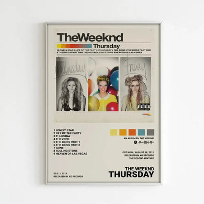 Framed DecorBites™ music album poster featuring The Weeknd Thursday with vintage newspaper design for home decor
