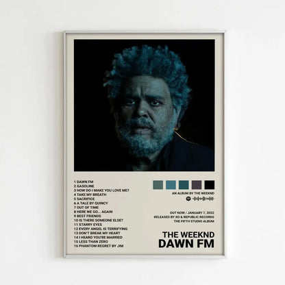 A framed DecorBites™ music album poster of the weeknd with blue hair for stylish home decor featuring dawn fm