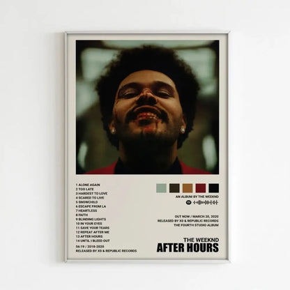 A framed DecorBites music album poster of The Weeknd after hours in dark tones for stylish home decor