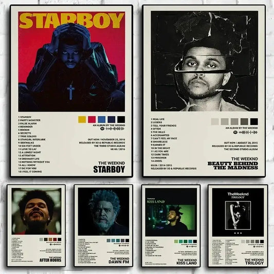 Set of six minimalist the weeknd music album poster prints including starboy and beauty behind the madness for home decor