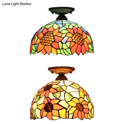 Decorbites tiffany semi flush mount ceiling light with brass bronze finish and vibrant sunflower stained glass panels