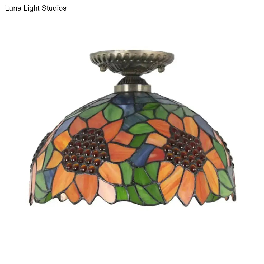 Decorbites tiffany semi flush mount ceiling light with sunflower pattern in brass bronze featuring vibrant stained glass