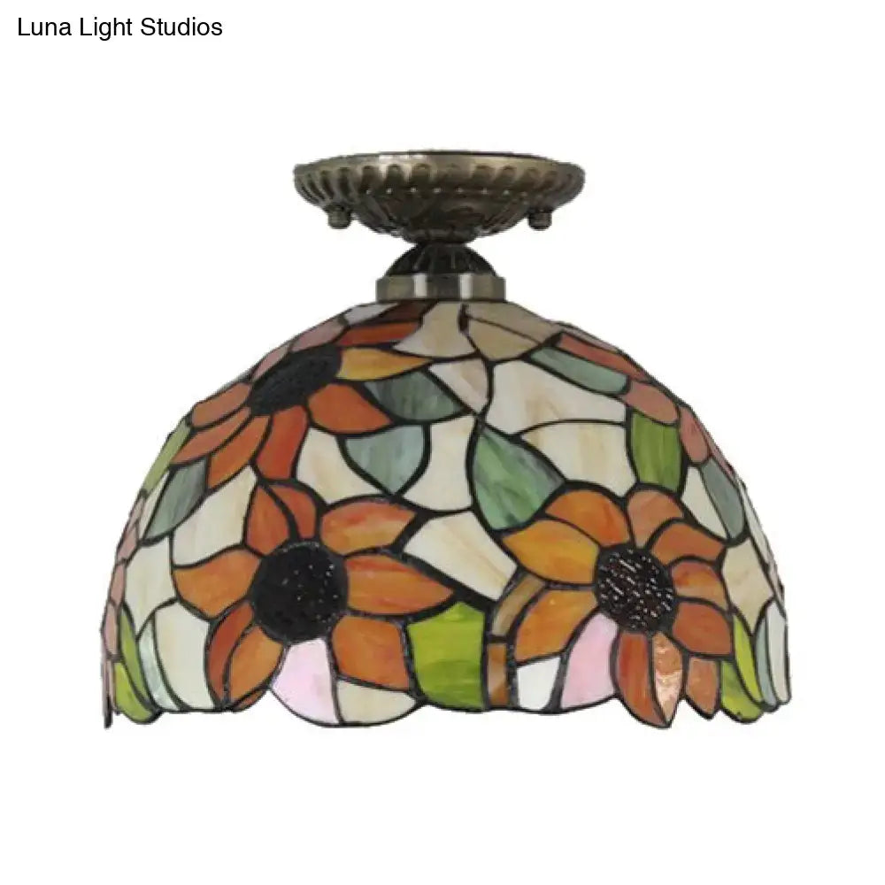 Decorbites tiffany semi flush mount ceiling light with sunflower stained glass dome and bronze base for bedroom lighting