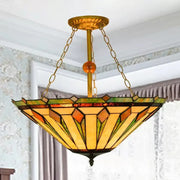 DecorBites semi flush mount ceiling light with stained glass shade in amber geometric patterns and golden metal frame