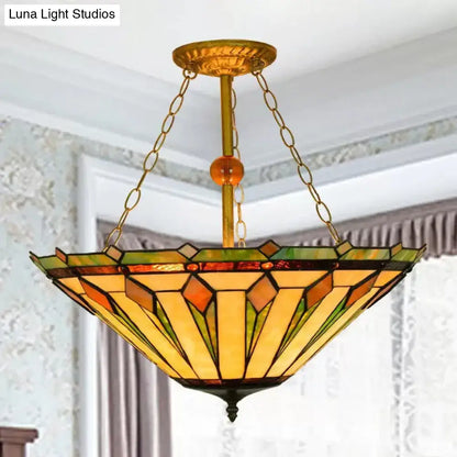 Decorbites tiffany semi flush mount ceiling light with stained glass shade in warm amber and green geometric pattern