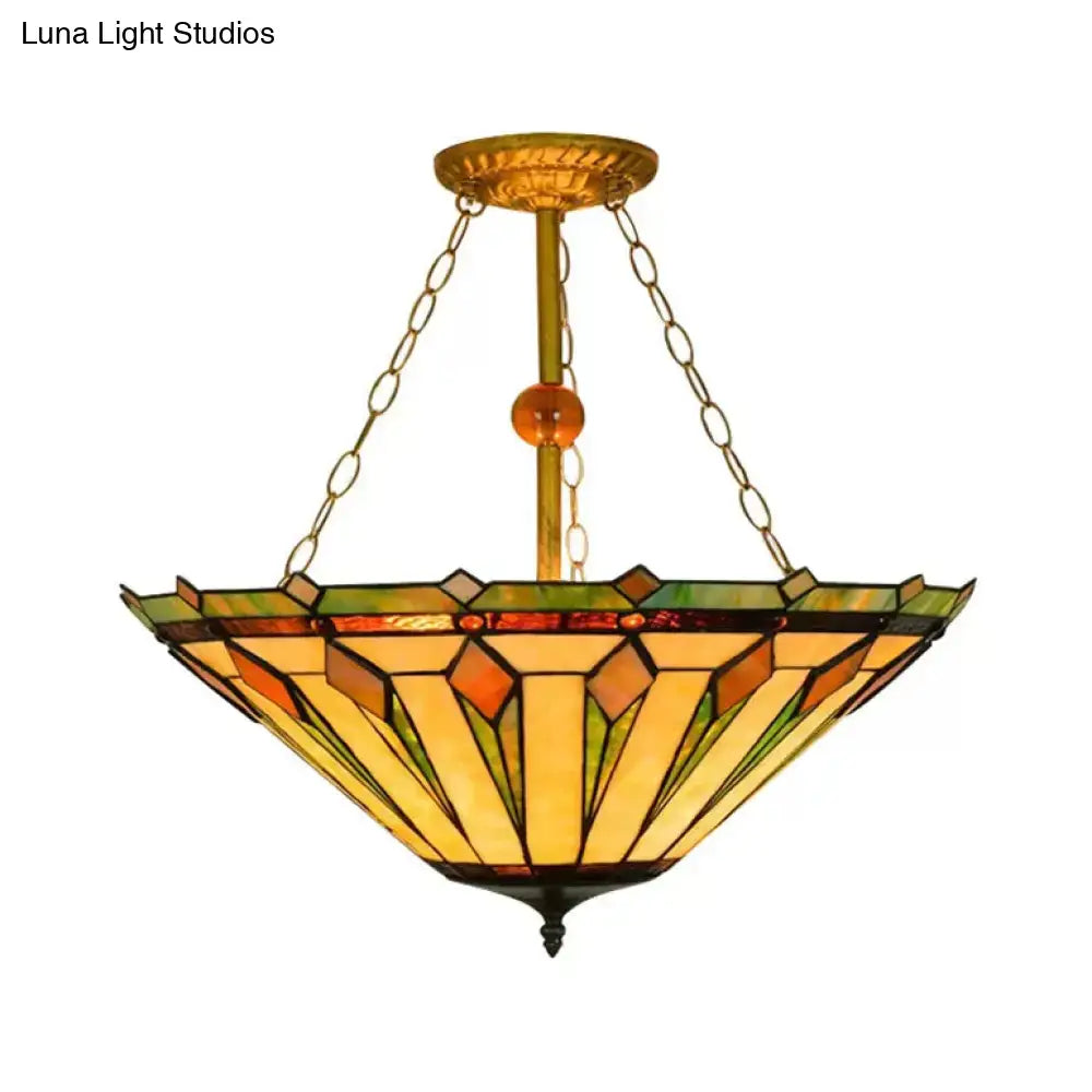 Decorbites tiffany semi flush mount ceiling light with stained glass shade featuring amber and green geometric design