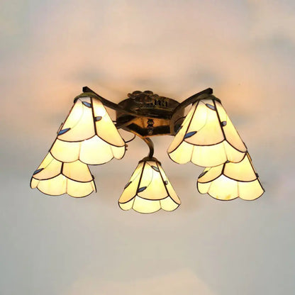 DecorBites™ Tiffany stained glass ceiling light with three layered petal shades in antique bronze for bedroom use