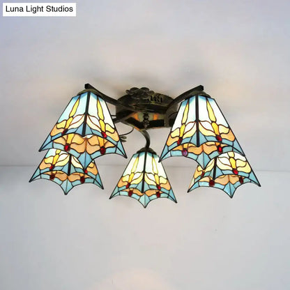 Decorbites tiffany stained glass ceiling light in antique bronze with butterfly wing shades in blue yellow and white hues