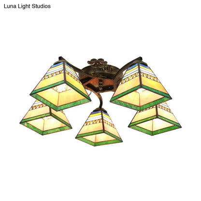 Decorbites tiffany stained glass ceiling light with five amber green and blue shades in antique bronze finish