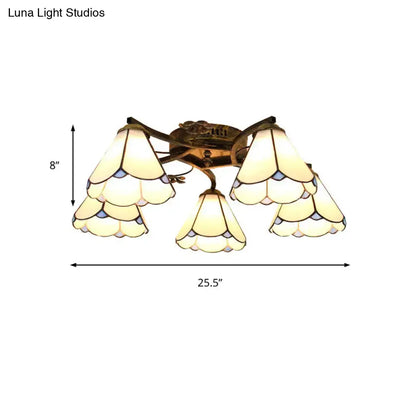 Decorbites tiffany stained glass ceiling light with five scalloped cream and light blue floral shades in antique bronze