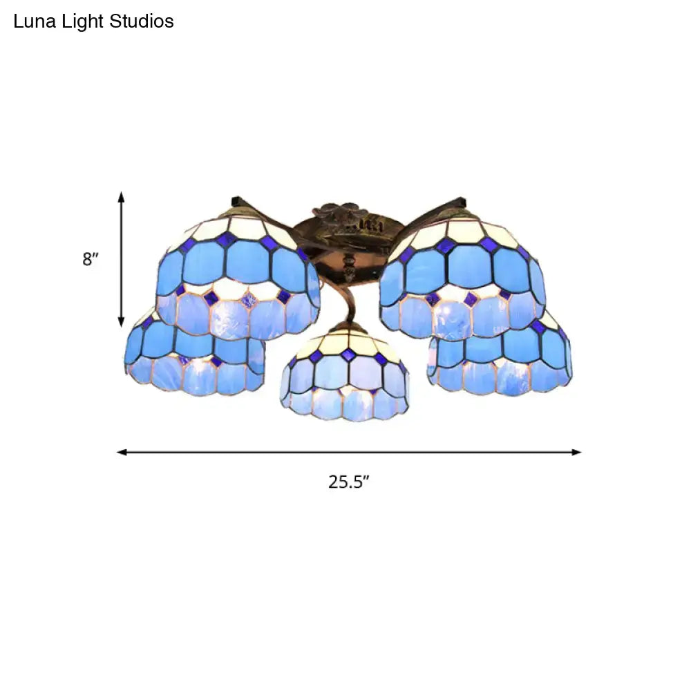 DecorBites™ tiffany stained glass ceiling light with blue hexagonal panels and antique bronze finish for bedroom