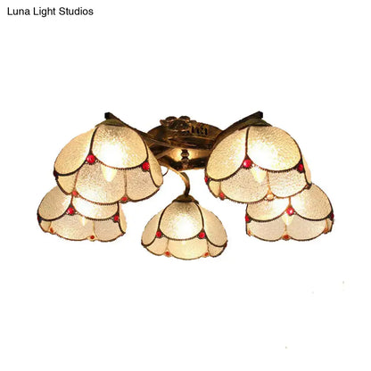 DecorBites™ antique bronze ceiling light with five scalloped tiffany stained glass shades and red gemstone accents