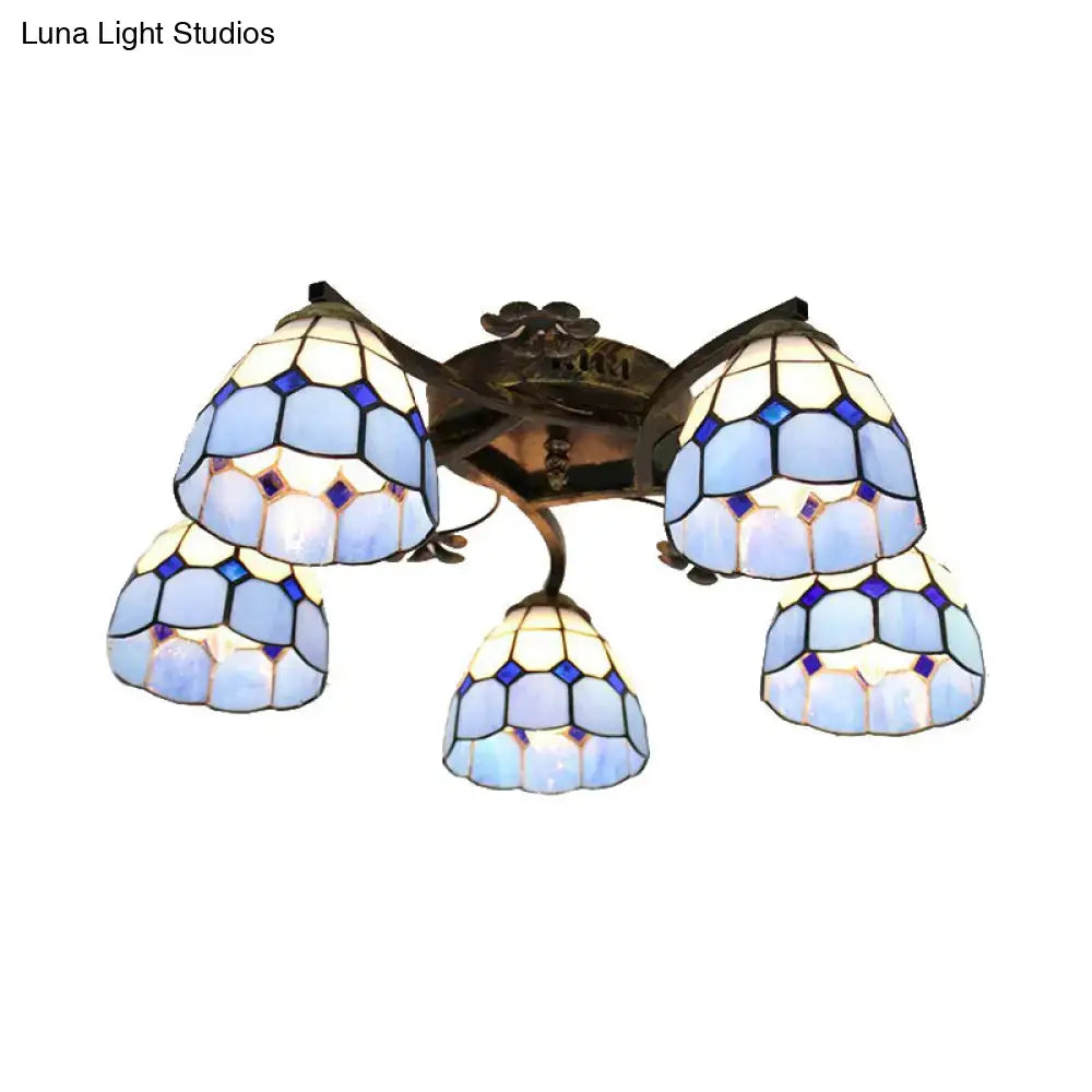 DecorBites tiffany stained glass ceiling light with blue and white scalloped heads and antique bronze finish