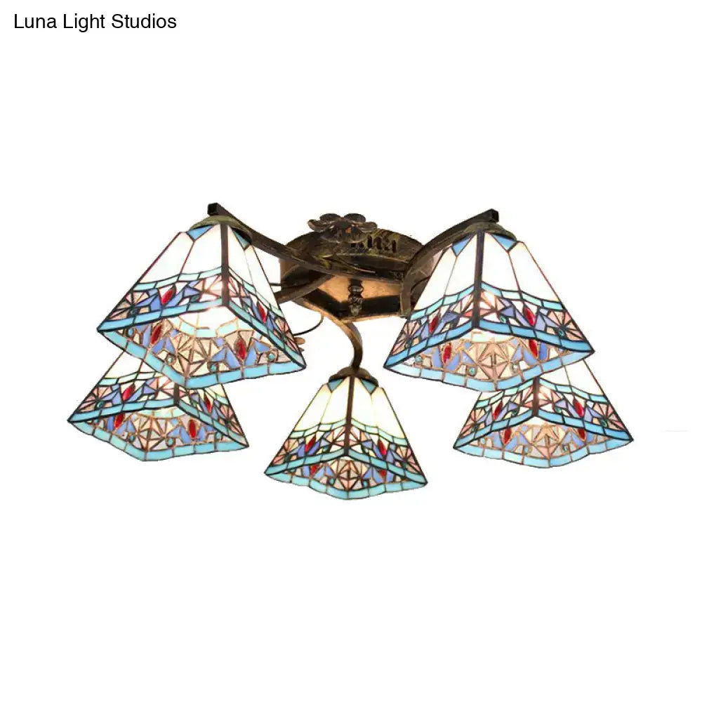 Decorbites tiffany stained glass ceiling light with five triangular blue red and beige shades on antique bronze frame