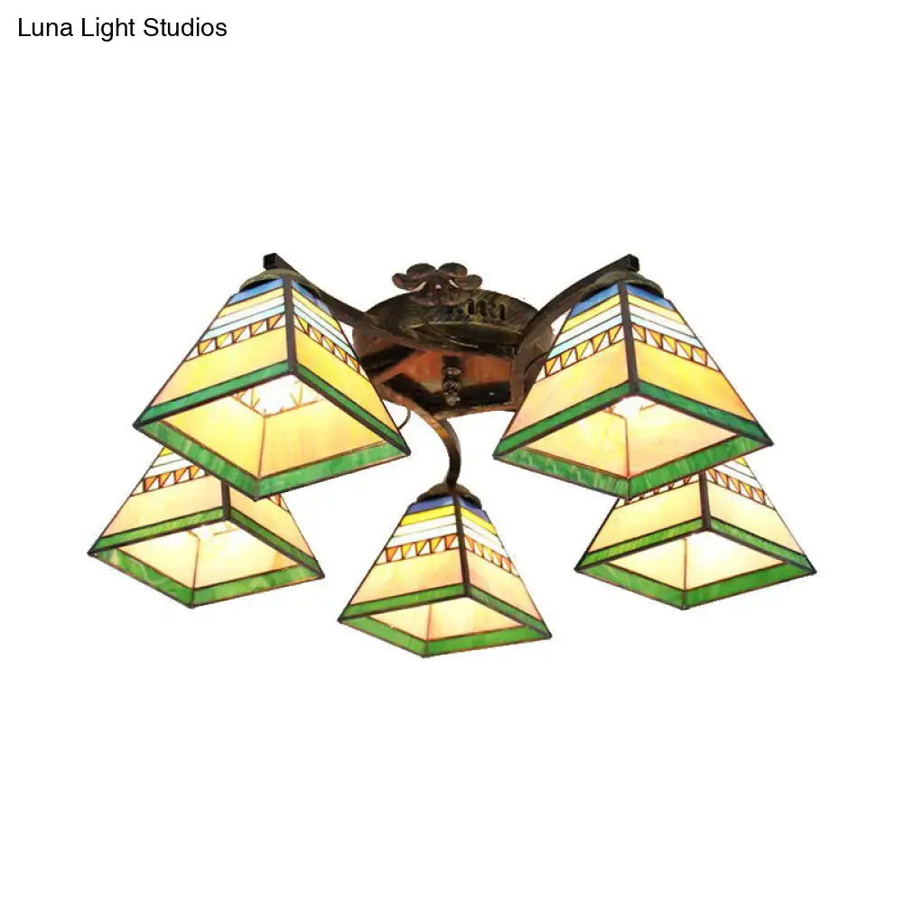 Decorbites tiffany stained glass ceiling light with five amber green and blue scalloped shades in antique bronze