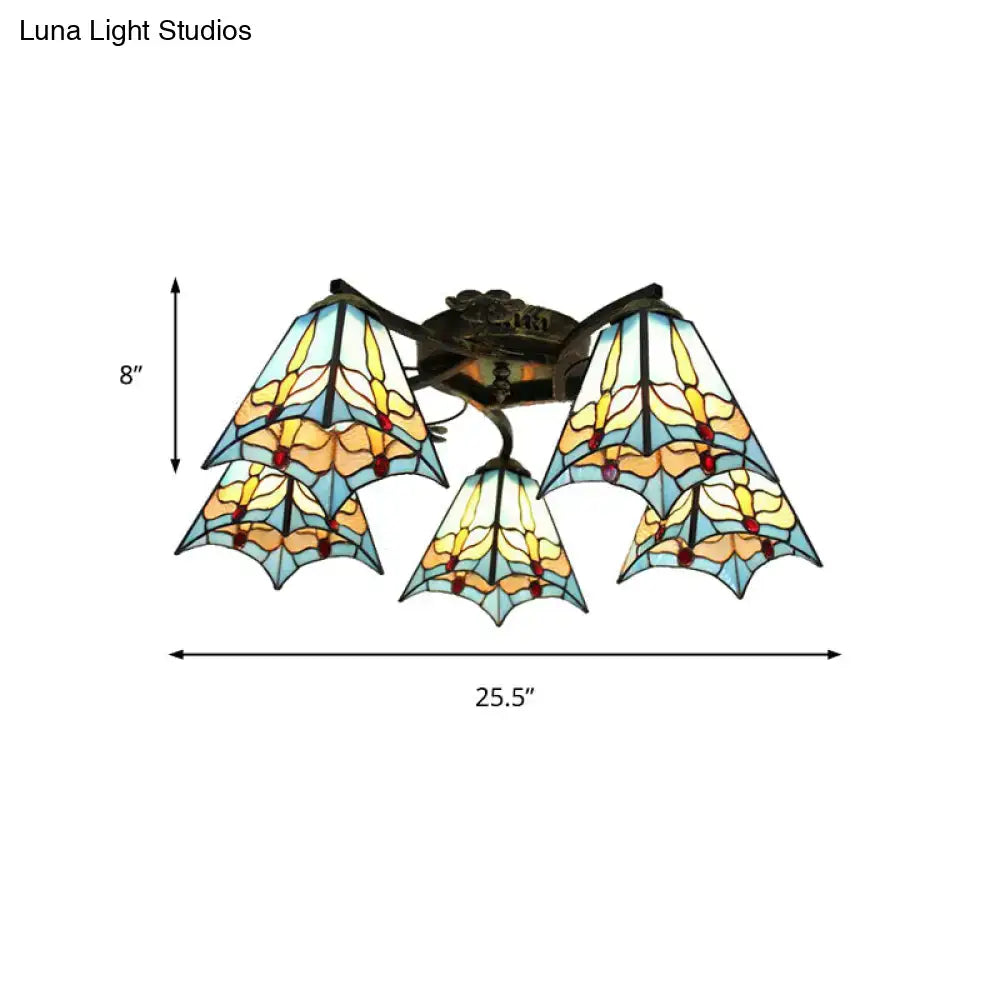 DecorBites tiffany stained glass ceiling light with five blue yellow and orange bat-shaped shades in antique bronze