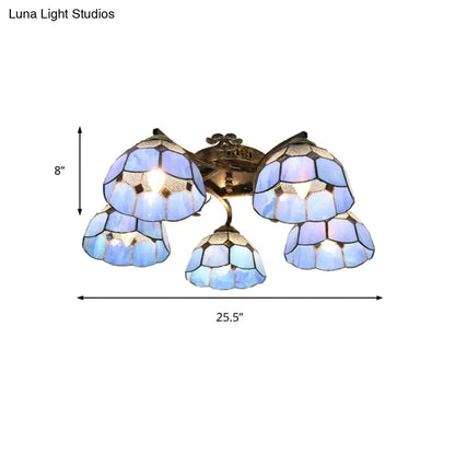 Blue tiffany stained glass ceiling light with 5 scalloped heads in antique bronze finish by DecorBites™