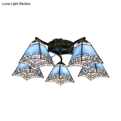 DecorBites™ ceiling light with blue tiffany stained glass and antique bronze frame featuring intricate mosaic patterns