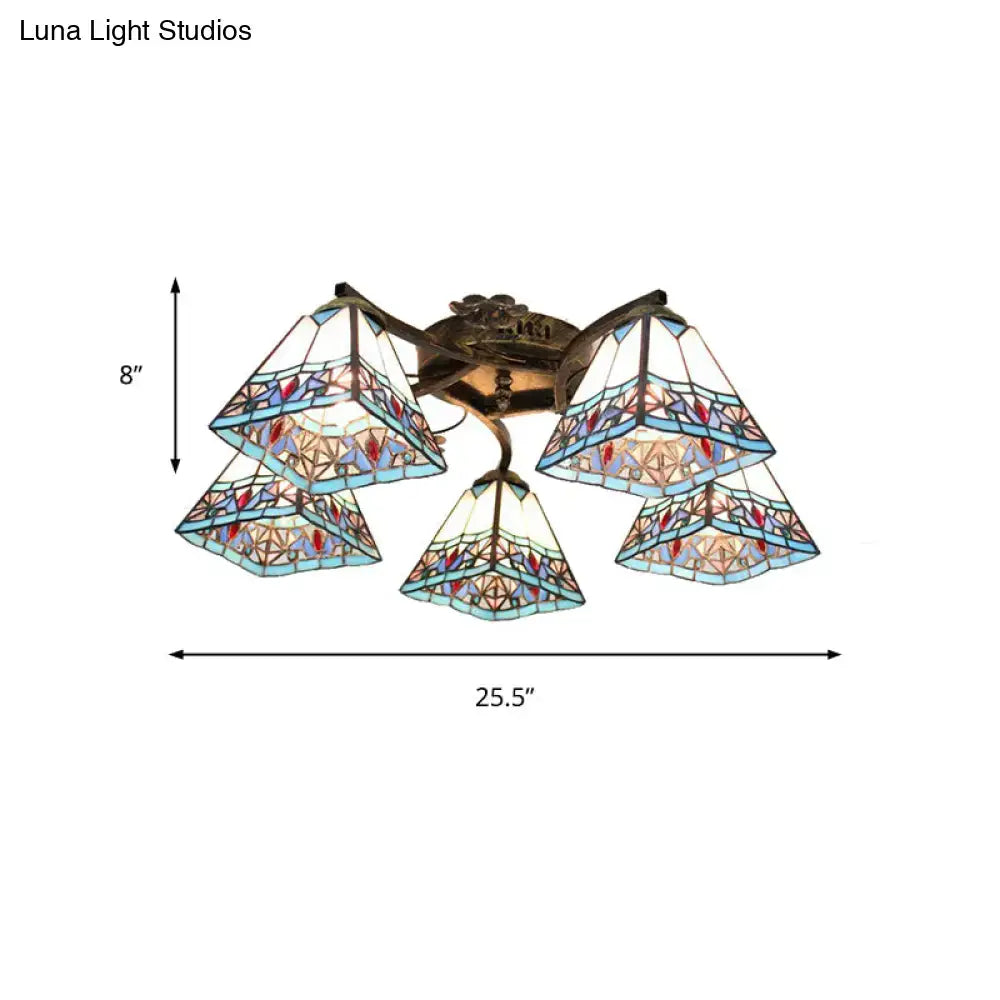Decorbites tiffany stained glass ceiling light with five blue red and clear shades in antique bronze frame for bedroom