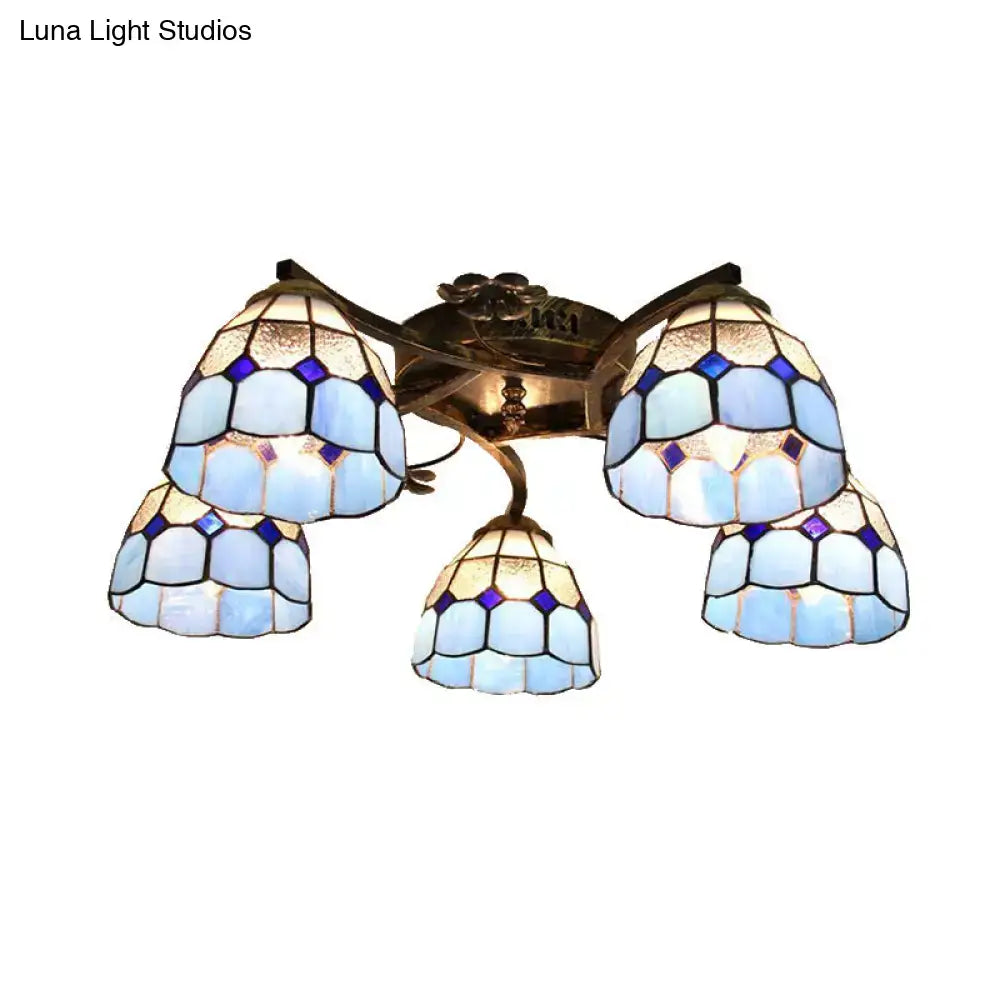 Decorbites tiffany stained glass ceiling light with 5 blue and white scalloped heads in antique bronze finish