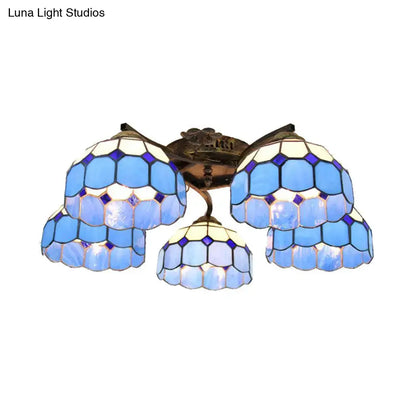 Decorbites tiffany stained glass ceiling light with 5 blue and white scalloped heads in antique bronze finish