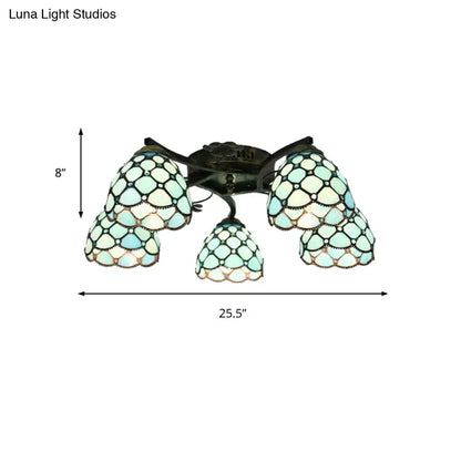 DecorBites tiffany stained glass ceiling light with five scalloped mint and white glass shades in antique bronze finish