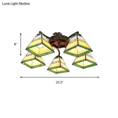 Decorbites tiffany stained glass ceiling light with five yellow and green pyramid shades in antique bronze finish