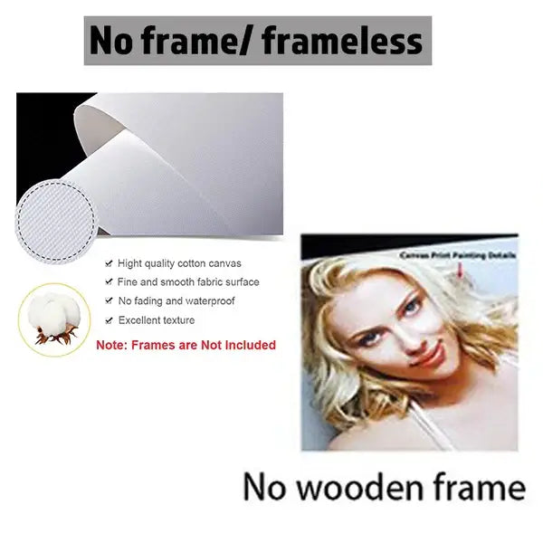 White cotton canvas art print featuring a frameless blonde woman portrait for wall art display by DecorBites tiger