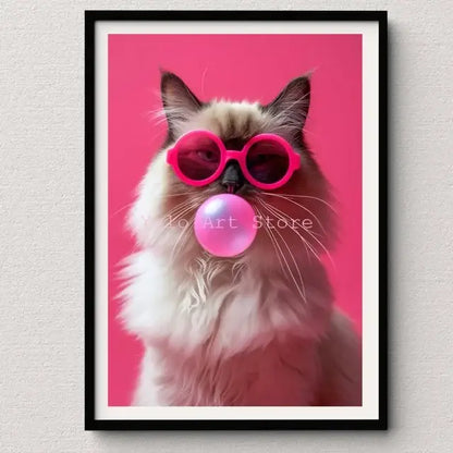 Framed DecorBites™ tiger canvas wall art print featuring a fluffy cat with pink sunglasses blowing bubblegum on pink background