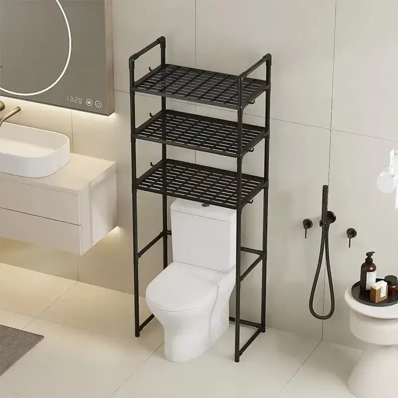 Black metal three-tier DecorBites storage rack with grid shelves for toilet storage and bathroom storage space saving