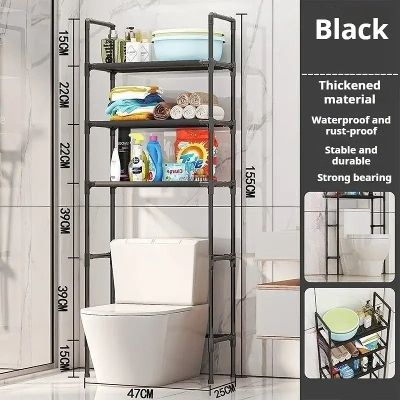 DecorBites™ black metal toilet storage rack with four tiers for efficient bathroom storage and space saving