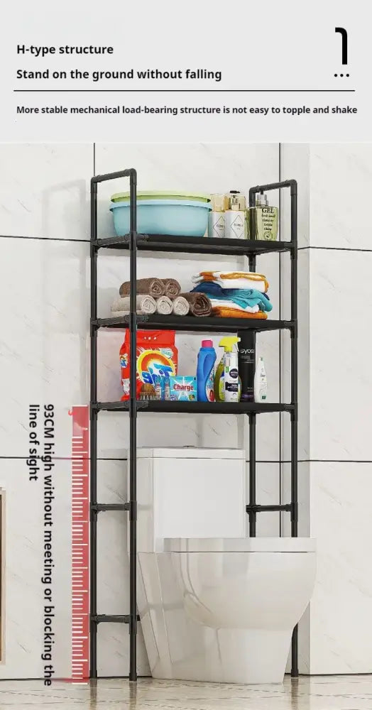 Black metal h-type shelving unit with three tiers for toilet storage and bathroom storage by DecorBites storage rack