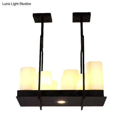 Black metal traditional barrel frosted glass island pendant light with six warm-toned candle-style bulbs for dining room