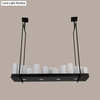 Black metal island pendant light with traditional barrel frosted glass shades and integrated recessed lighting for dining room