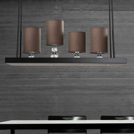 DecorBites traditional black cylinder island light fixture with four brown fabric shades and clear glass accents