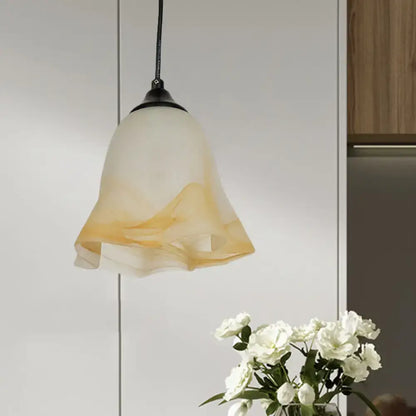 DecorBites™ traditional glass pendant light with flower cone shape frosted amber and cream shade for living room