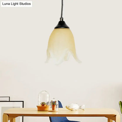 DecorBites™ traditional cream glass pendant light with flower cone design and black metal fixture for living room