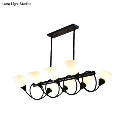 Decorbites traditional black metal pendant light fixture with six frosted milky glass shades and curved arms