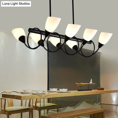 Black metal pendant light fixture with six frosted milky glass shades for traditional hanging lighting