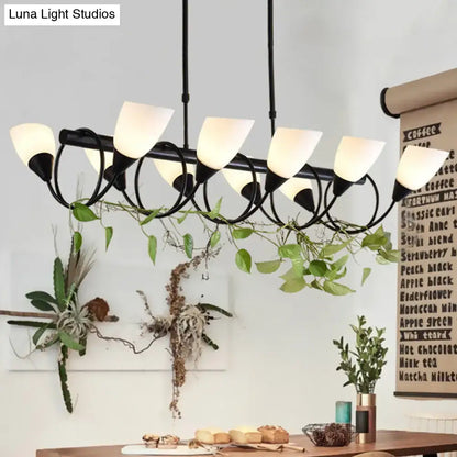 Black metal pendant light fixture with six frosted milky glass shades from DecorBites traditional collection