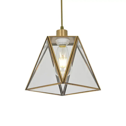 Decorbites traditional silver clear glass triangle hanging lamp with brass frame and exposed bulb for living room