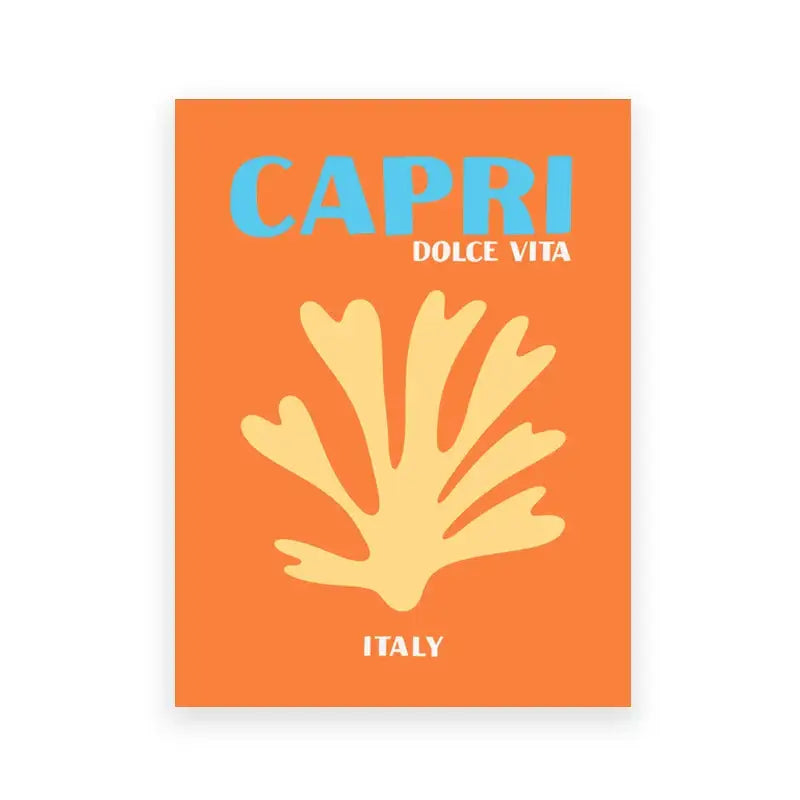 Orange rectangular DecorBites travel poster with yellow coral and bold blue capri text from miami bondi ibiza collection