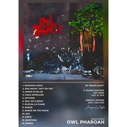 DecorBites™ Travis Scott album poster featuring owl pharaoh 2013 mixtape cover with green foliage and graffiti waterproof wall art