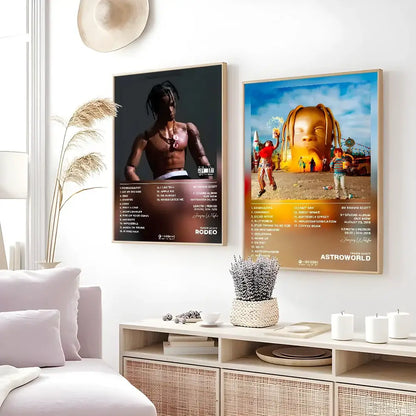 Two framed travis scott album posters utopia and astroworld displayed as waterproof wall art on a white wall