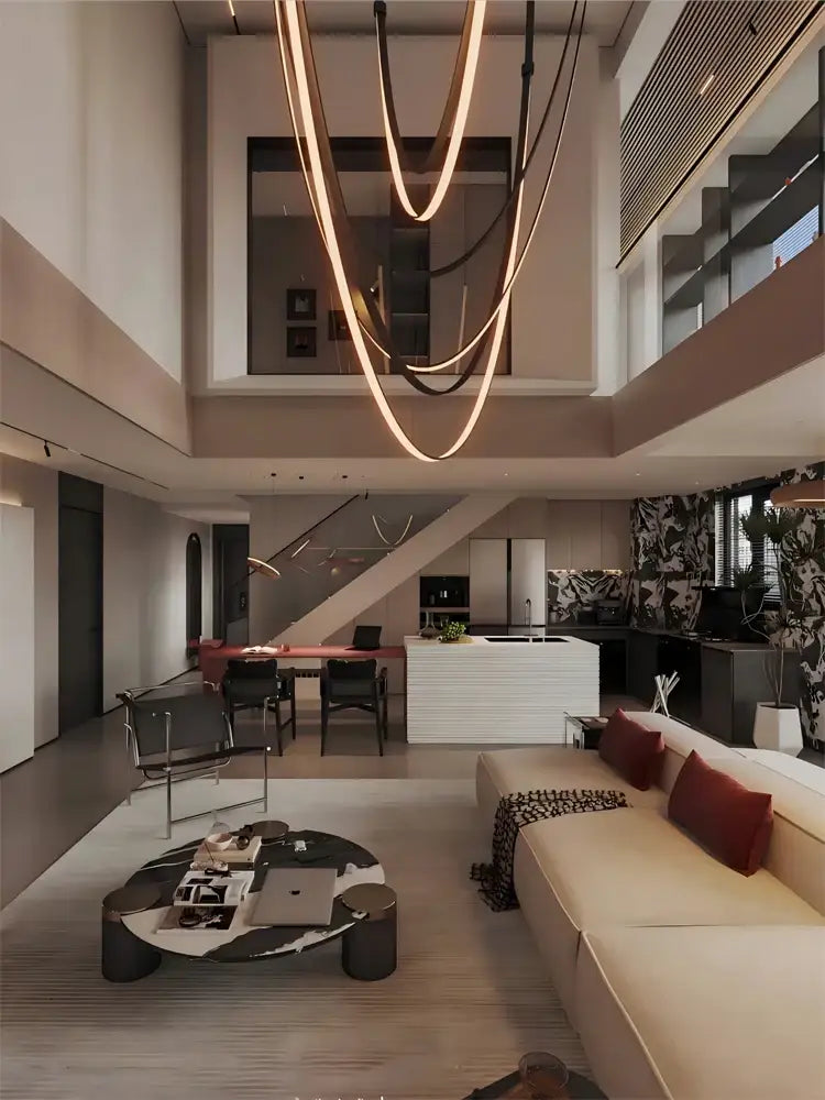 A minimalist living room with a sleek white sofa and a trendy diy flexible leather belt led chandelier light by decorbites